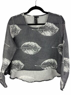 Focus Casual Life Sheer Gray Leaf Print Blouse Top Small